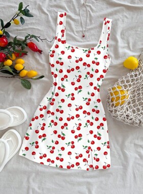 Women's Sexy Vacation Style U-Neck Cherry Print Open Back Si