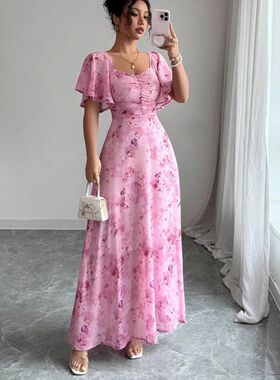 Summer New Style Women's Casual Office Dress Lotus Leaf Slee