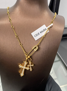 镶钻别针双十字架项链