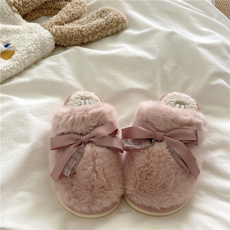 轻奢高级感~！蝴蝶结少女心厚底棉拖鞋女居家INS冬季防滑毛毛拖鞋,淘宝优惠券,粉丝福利购,淘宝优惠卷