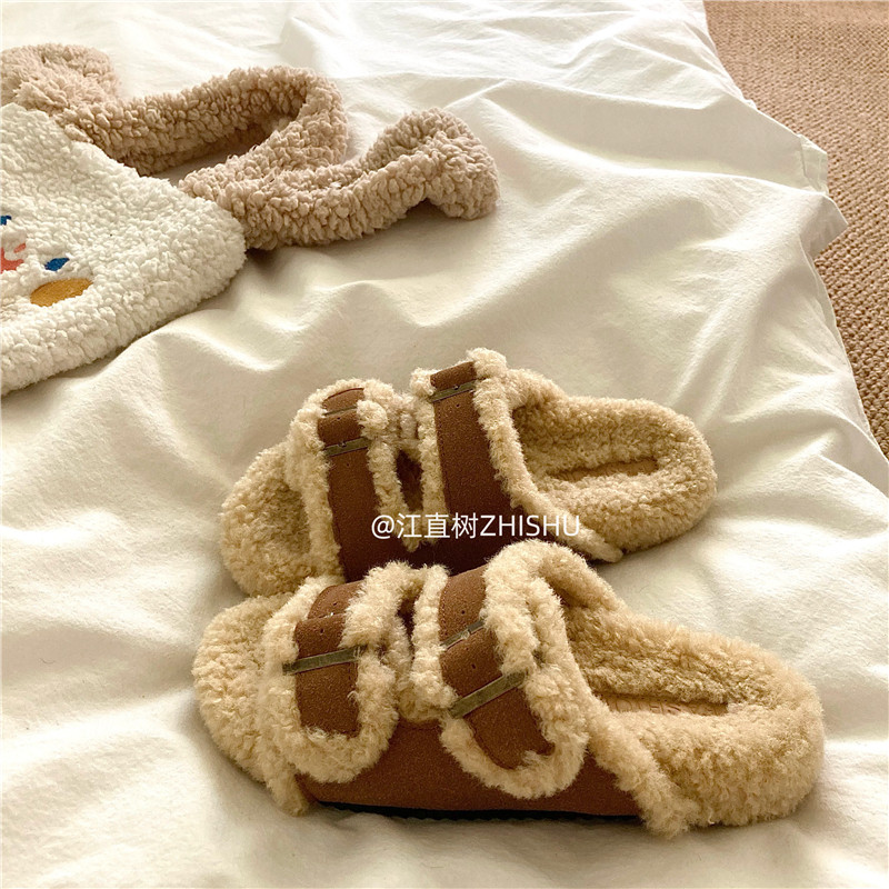 冬日小暖炉~！巨厚羊羔毛勃肯棉拖鞋女冬季外穿厚底保暖毛毛拖鞋,淘宝优惠券,粉丝福利购,淘宝优惠卷