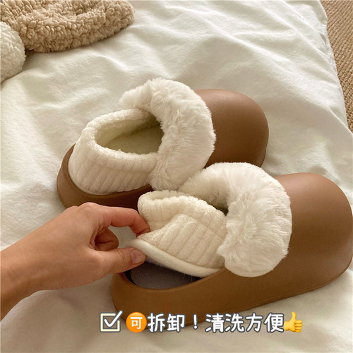 力推两穿~！可拆卸防水棉鞋女厚底保暖INS外穿冬季包跟毛毛棉拖鞋 - 图0