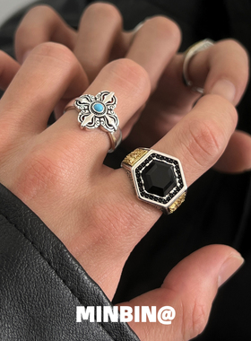 复古黑玛瑙绿松石十字架戒指