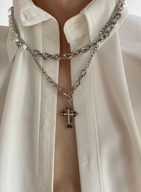 钛钢重工镶钻十字架潮ins项链