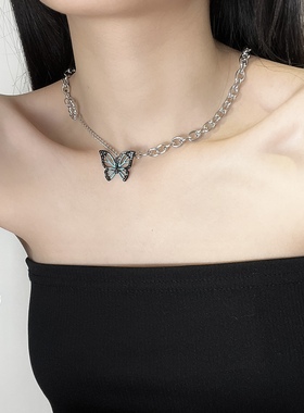 蓝黑色蝴蝶气质款项链女ins