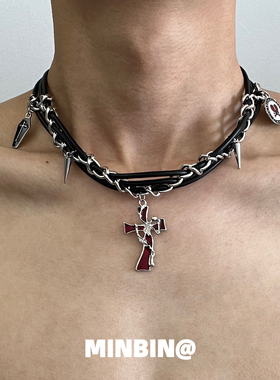 皮绳铆钉骷髅十字架项链