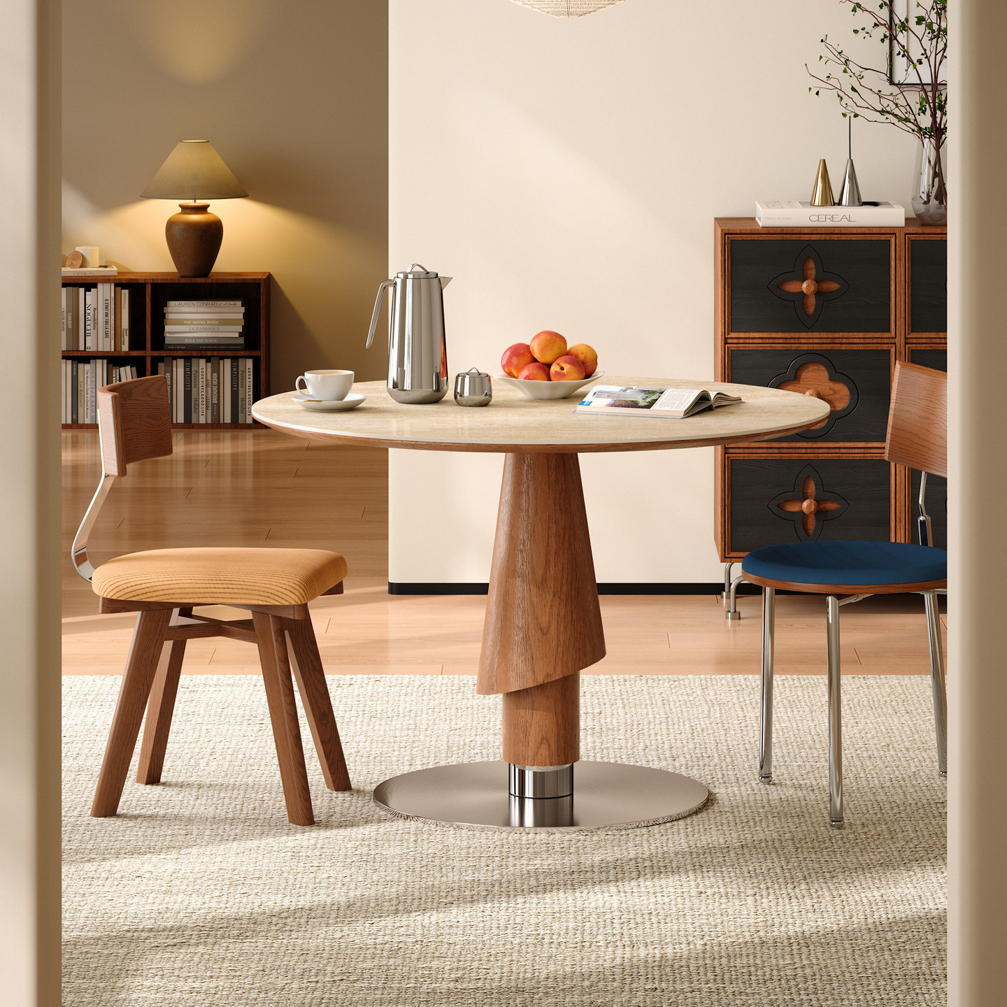 木小咖2025新款家用小户型洞石岩板餐桌轻奢高级感中古风圆桌椅,淘宝优惠券,粉丝福利购,淘宝优惠卷