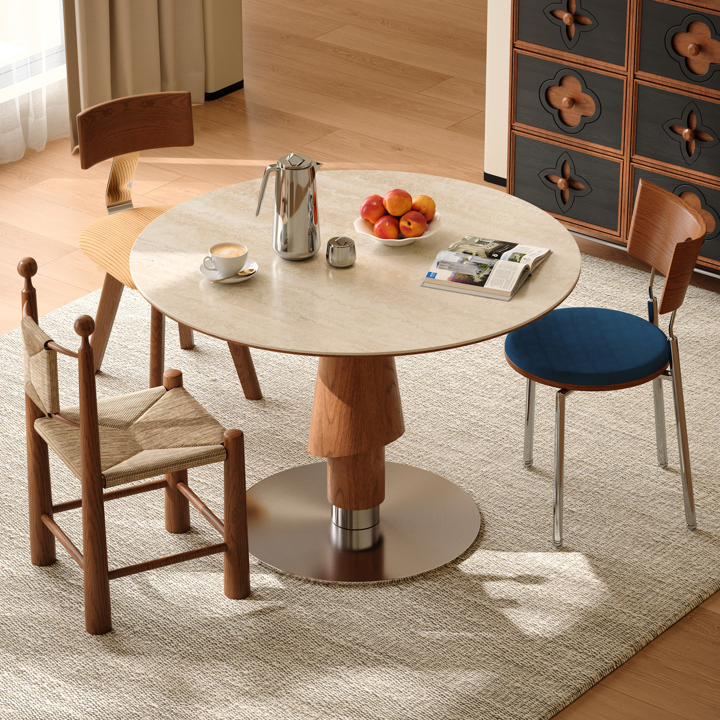 木小咖2025新款家用小户型洞石岩板餐桌轻奢高级感中古风圆桌椅,淘宝优惠券,粉丝福利购,淘宝优惠卷