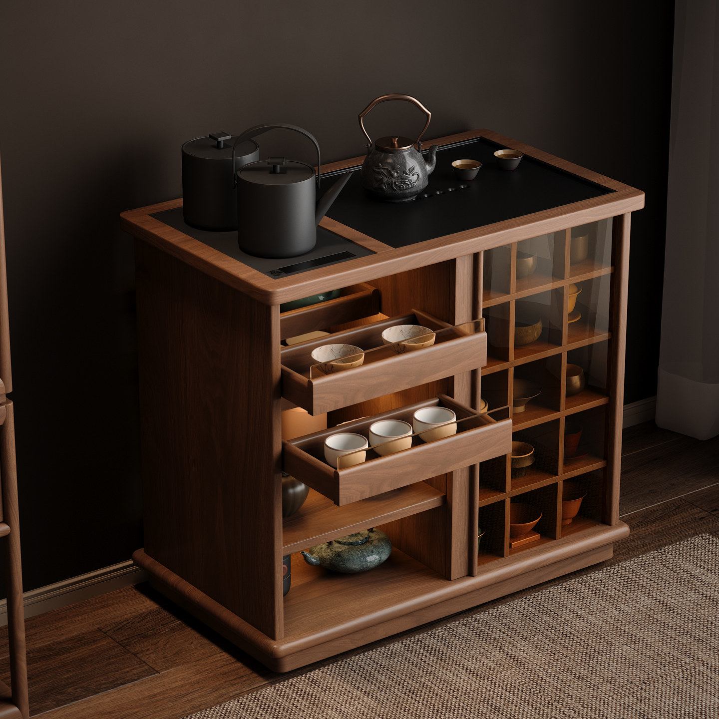 木小咖晨光实木茶桌茶水柜带储物沙发展示柜客厅边几煮茶台可移动,淘宝优惠券,粉丝福利购,淘宝优惠卷