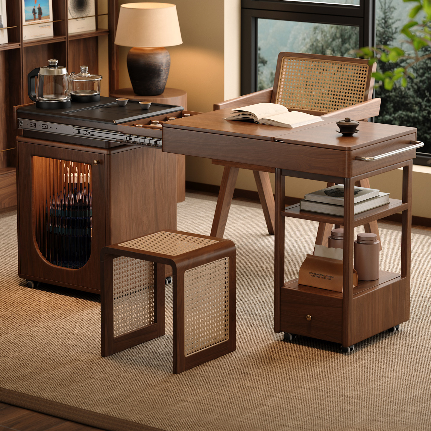木小咖 居野实木边几伸缩小户型茶桌书桌一体带泡茶茶几移动边几,淘宝优惠券,粉丝福利购,淘宝优惠卷