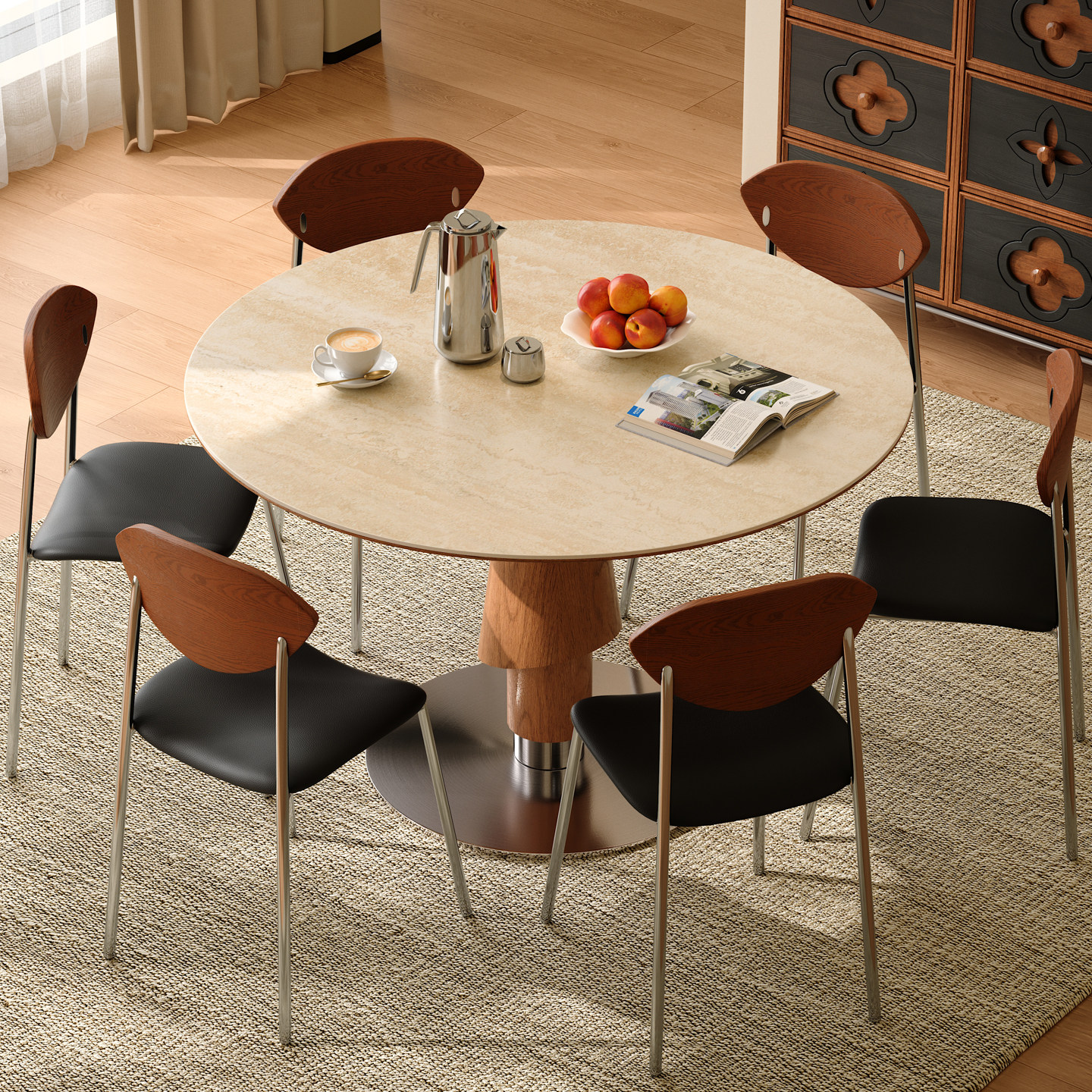 木小咖2025新款家用小户型洞石岩板餐桌轻奢高级感中古风圆桌椅,淘宝优惠券,粉丝福利购,淘宝优惠卷