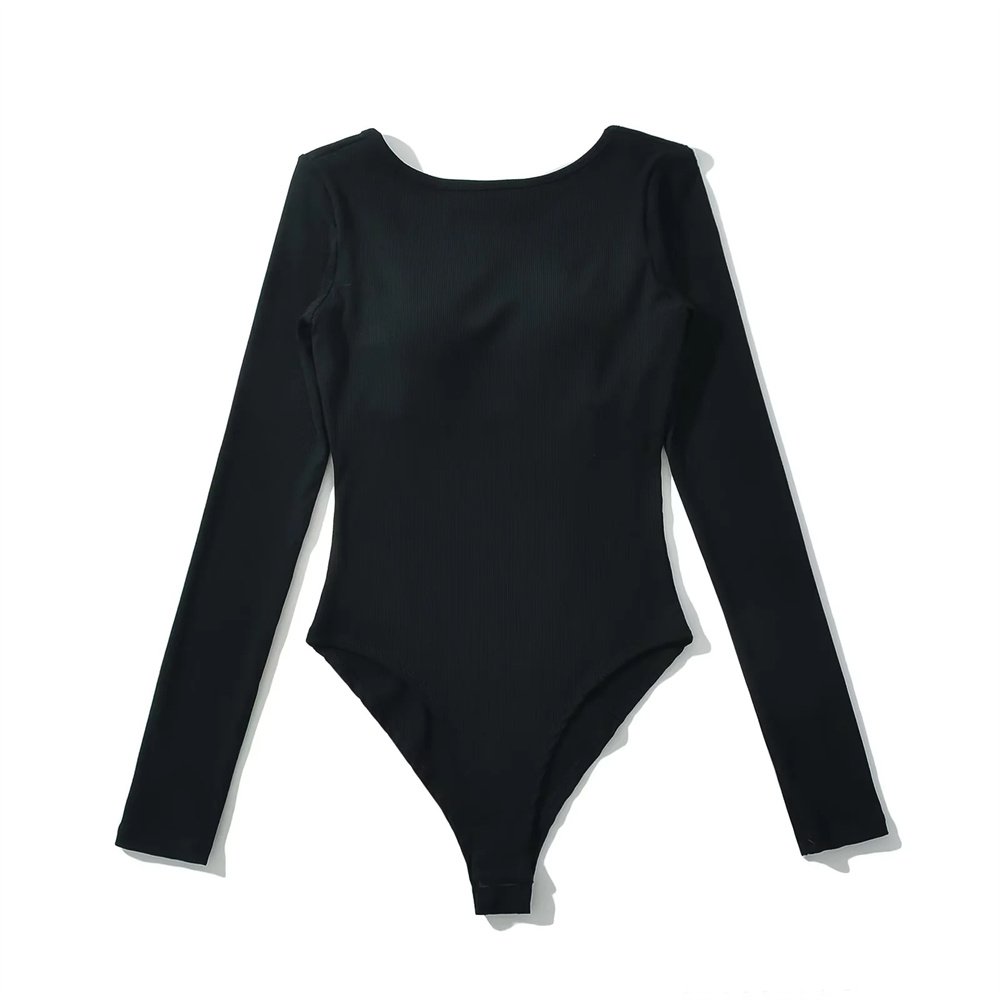 辣妹大露背长袖连体衣女春秋季修身性感带胸垫连衣打底衫连裆上衣 - 图0