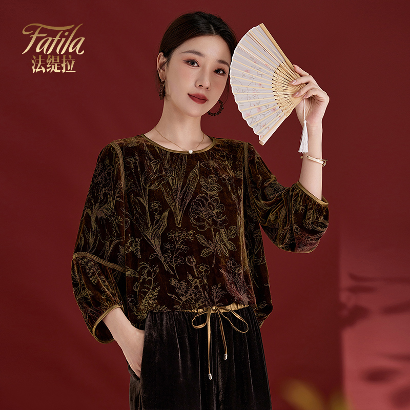 高端真丝丝绒上衣女长袖秋装新款洋气中老年妈妈装桑蚕丝洋气小衫 - 图0