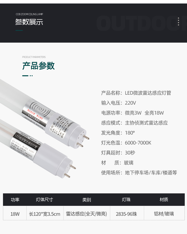 led微波雷达感应t8灯管红外人体一体化车库支架日光灯智能楼道