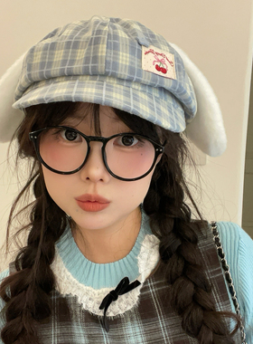 可爱毛绒兔子耳朵格纹八角帽百搭