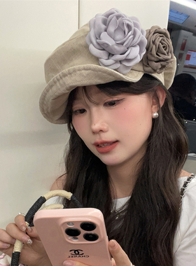 双笙欧尼褶皱贝雷帽女花朵复古帽