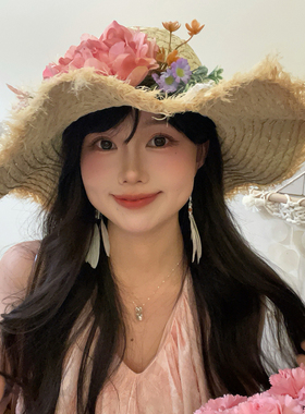 遮阳大檐草帽立体花朵编织度假女