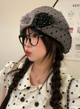 灰色波点玫瑰花翻檐八角帽百搭女