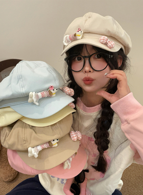 可爱奶黄春夏八角帽子女甜美百搭
