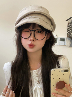 波点褶皱平顶马术帽女复古报童帽