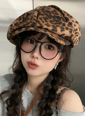 八角帽出游休闲女秋冬辣妹豹纹
