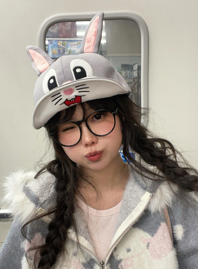 灰色长耳兔翻檐软顶鸭舌帽女秋季