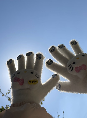 水钻Kitty手套冬季保暖可爱五指针织毛绒百搭防寒防风骑行加厚女