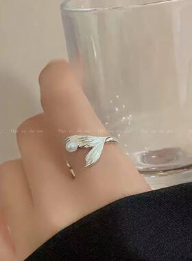轻奢精致设计感精致指环羽毛珍珠开口戒指女可调节时尚简约指环