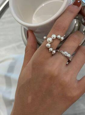 轻奢珍珠戒指女百搭三环开口戒优雅简约可调节指环女士时髦