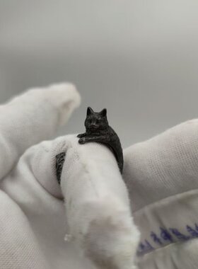 黑色猫咪造型开口戒指动物日常指环男女对戒可调节指环个性装饰戒