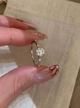 简约银色钻石戒指女单钻开口可调节指环轻奢设计感气质款精致六爪