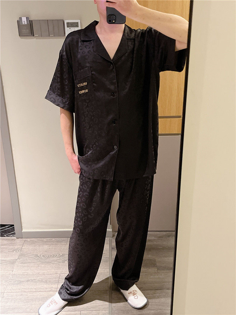 春夏短袖情侣睡衣薄款仿真丝豹纹家居服开衫冰丝大码200斤套装女,淘宝优惠券,粉丝福利购,淘宝优惠卷