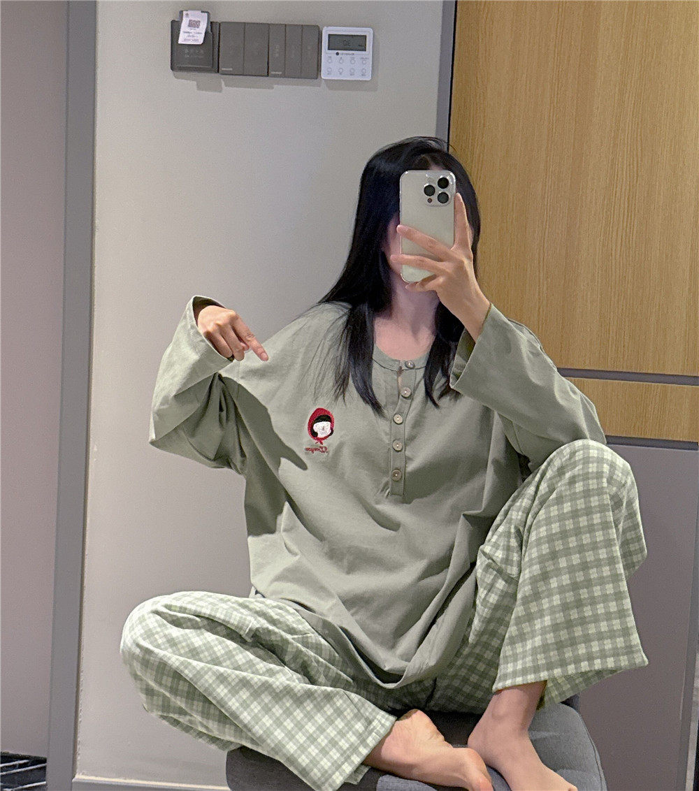 春秋长袖情侣睡衣纯棉刺绣家居服宽松大码胖mm200斤格子长裤套装,淘宝优惠券,粉丝福利购,淘宝优惠卷