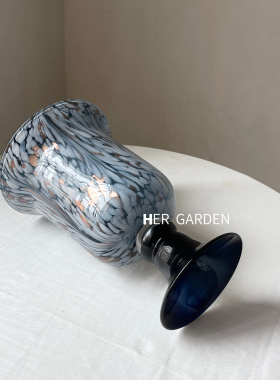 HERGARDEN中古风蓝彩洒金渐变法式手工玻璃大口径艺术花器