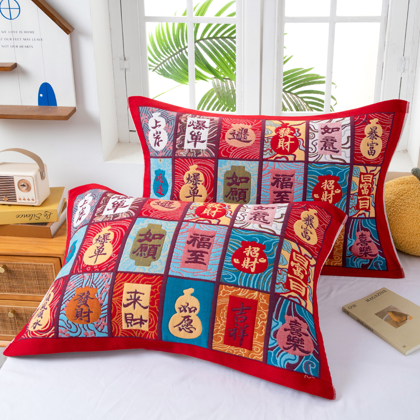 新年红八层纯棉纱布枕巾一对装加厚加大高档防螨抗菌全棉双面用,淘宝优惠券,粉丝福利购,淘宝优惠卷