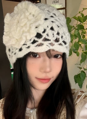 镂空手工钩针毛线帽立体花朵针织