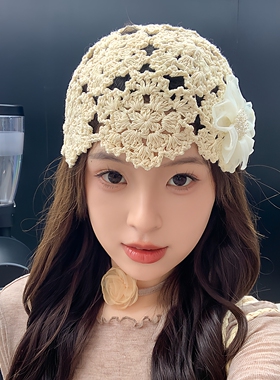 日系优雅花朵套头帽子女士手工帽