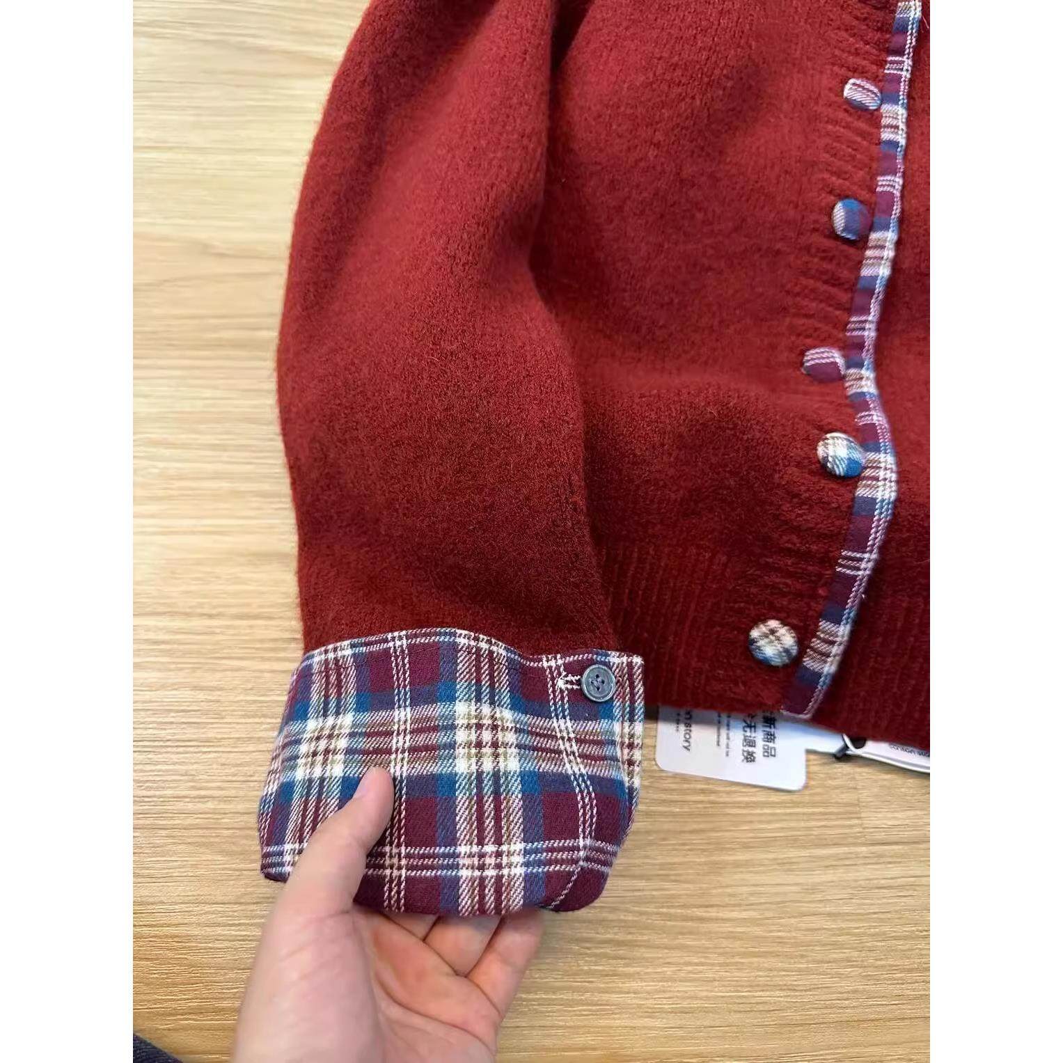 假两件韩系圆领拼接格子毛衣女2025秋冬新款针织外套洋气休闲开衫,淘宝优惠券,粉丝福利购,淘宝优惠卷