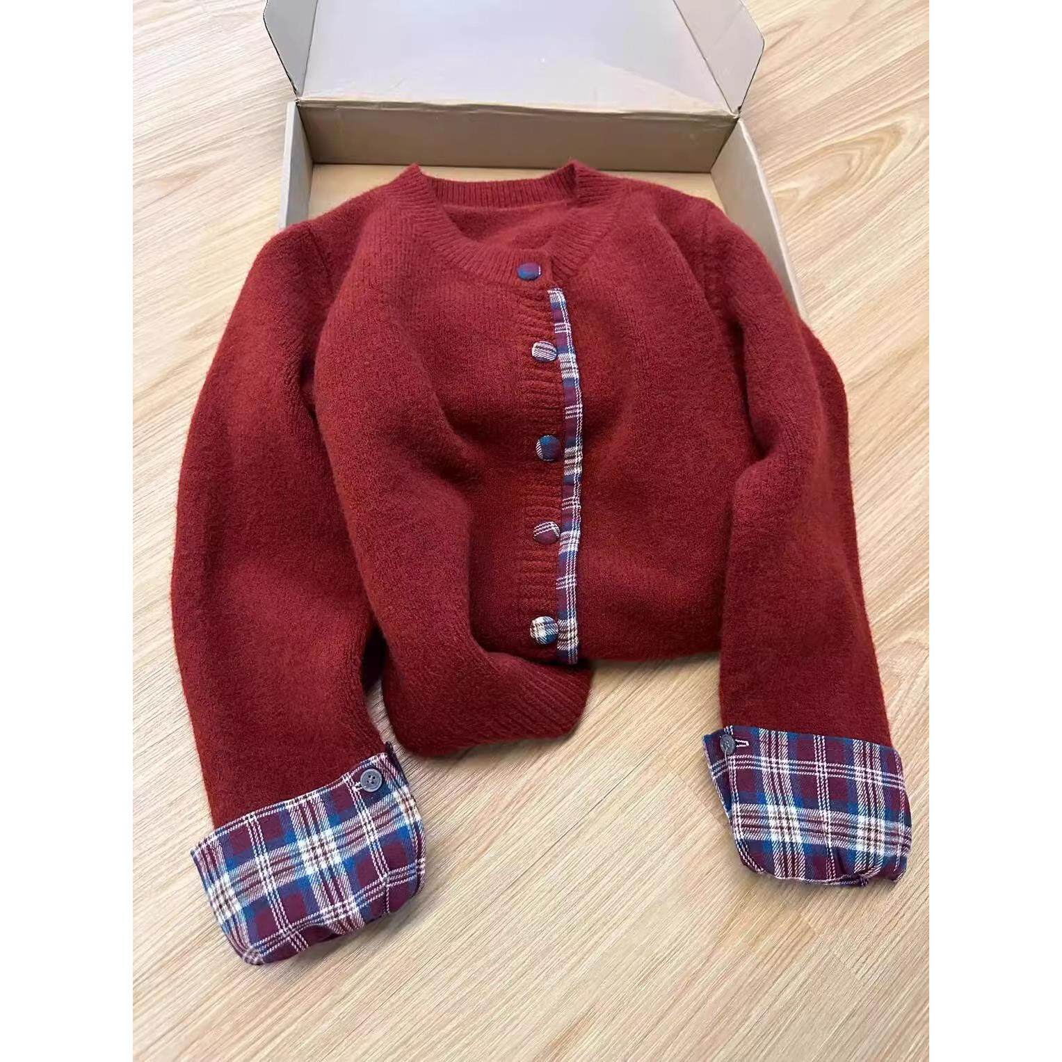 假两件韩系圆领拼接格子毛衣女2025秋冬新款针织外套洋气休闲开衫,淘宝优惠券,粉丝福利购,淘宝优惠卷