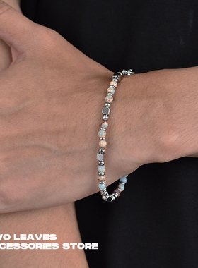 TWOLEAVES钛钢蓝珠拼接手链