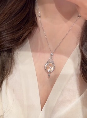 S925银网兜双A白水晶项链毛衣链复古时尚轻奢贵妇风毛衣链可调链