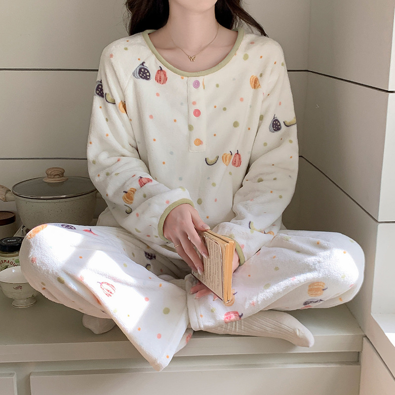 新款暖暖绒加厚珊瑚绒保暖睡衣女喔密哒冬季甜美印花法兰绒家居服 - 图1