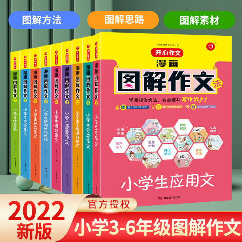 漫画图解作文法全套9册开心教育正版小学生3-6年级漫画书图解获奖分类想象满分优秀作文应用文好词好句好段读后感 - 图0