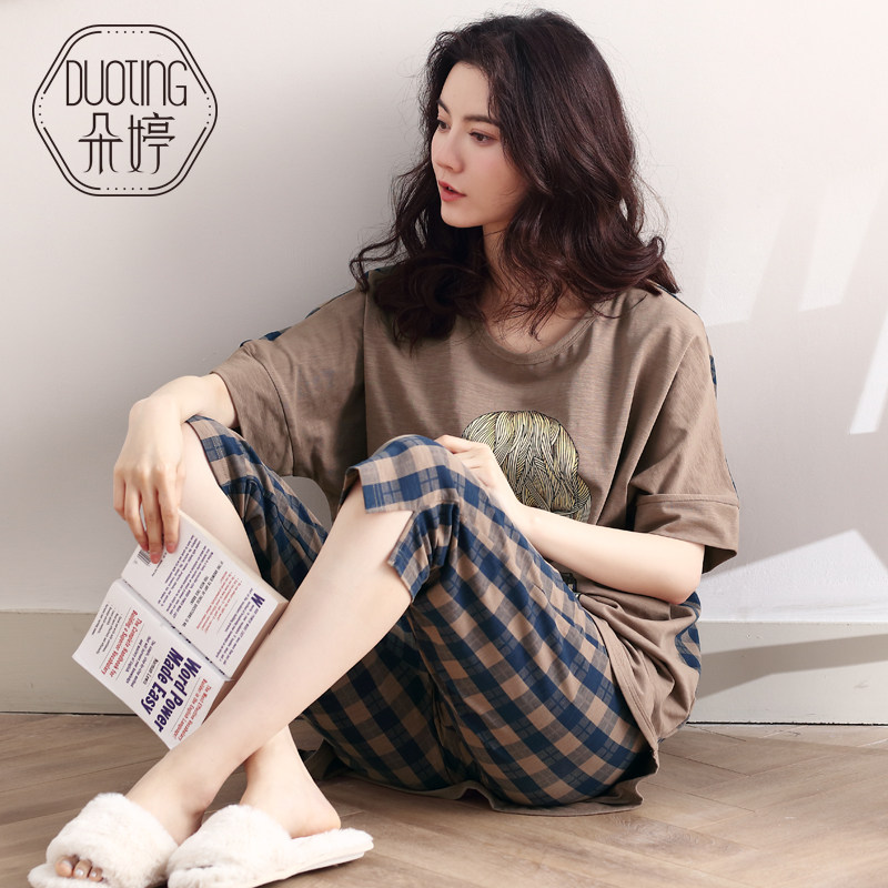 朵婷夏季纯棉短袖七分裤长款睡衣 朵婷睡衣/家居服套装