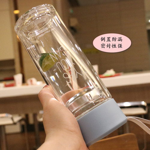 耐热双层玻璃杯带茶隔水杯子学生情侣带提绳茶杯隔热男女士随手杯 - 图1