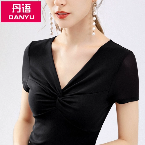 丹语 Летняя эластичная цветная футболка, в обтяжку, V-образный вырез, коллекция 2022, короткий рукав