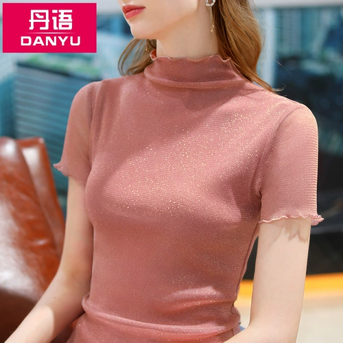 丹语 Приятная телу летняя шелковая футболка с коротким рукавом, высокий воротник, сезон 2021