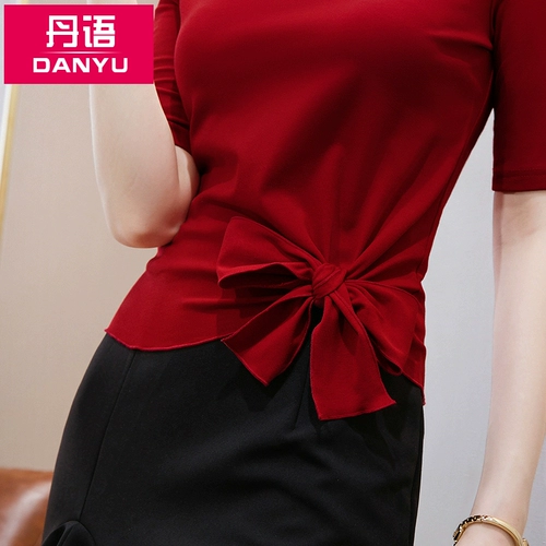 丹语 Осенняя футболка, ремень с бантиком, городской стиль, открытые плечи