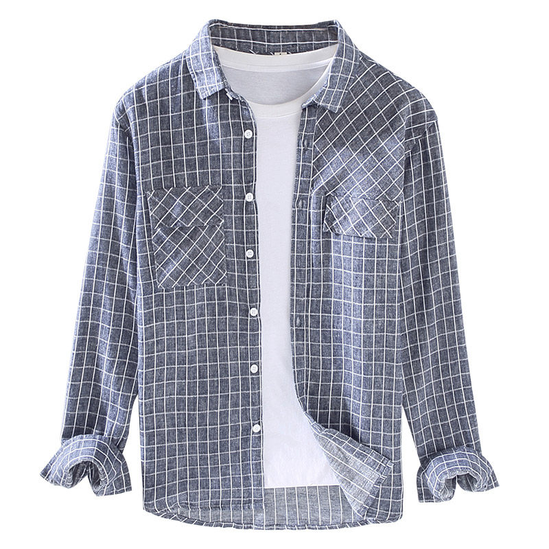 棉麻衬衫男春秋季长袖宽松上衣百搭翻领男士格子衬衣休闲外套潮流,淘宝优惠券,粉丝福利购,淘宝优惠卷
