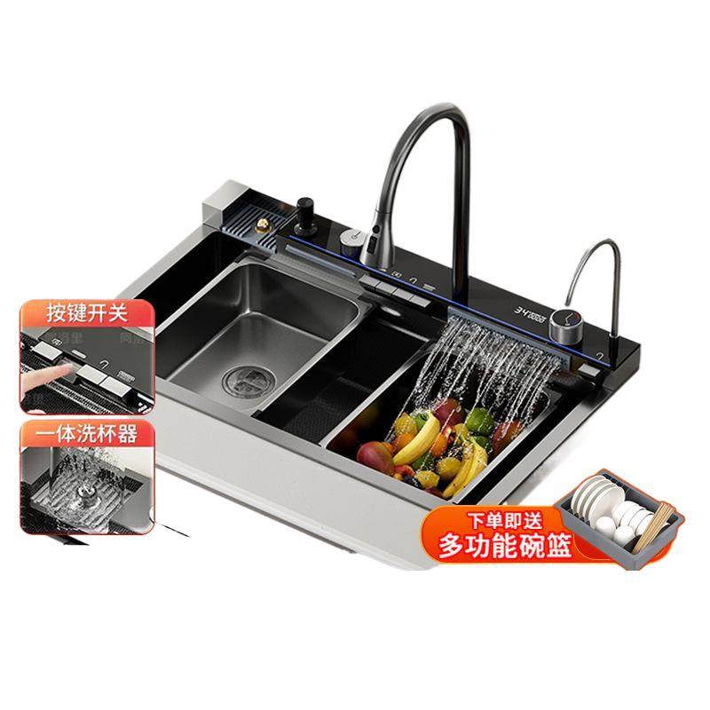 高端加厚鲸鱼水槽厨房数显飞雨大单槽瀑布家用纳米不锈钢洗菜盆,淘宝优惠券,粉丝福利购,淘宝优惠卷